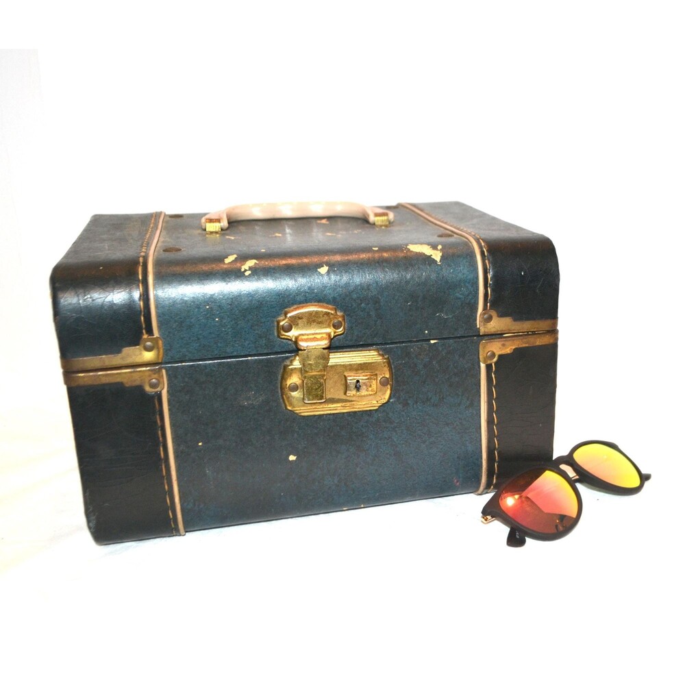 Vintage Train Case Unisex Wedding Travel Display Box Blue Steampunk